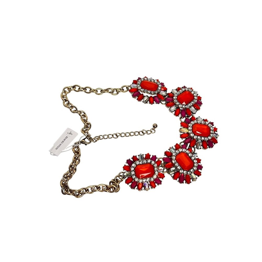 Susan Graver Gold Tone, Red And Pink Floral Statement Necklace (6268) - Picture 8 of 9